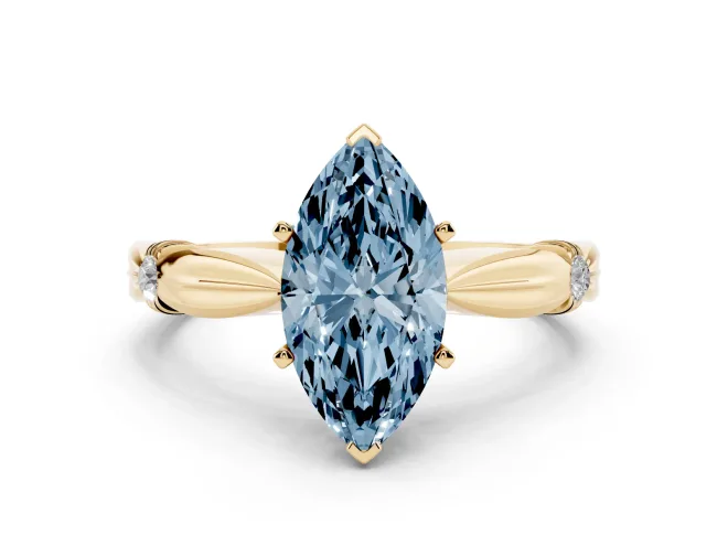 Fancy Blue Marquise Cut Diamond Solitaire Twisted Band Ring Set in Yellow gold with Accent Stones and Prong Setting
