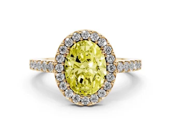 Oval Halo Engagement Ring Setting for a Fancy Yellow Lab-Grown Diamond | Single Row Pavé Band | Yellow Gold
