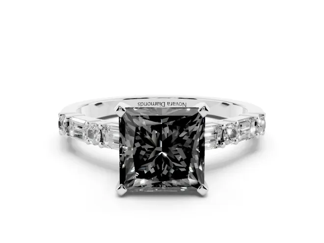 Princess Cut Baguette Side Stone Engagement Ring Setting for a Black Center | White Gold
