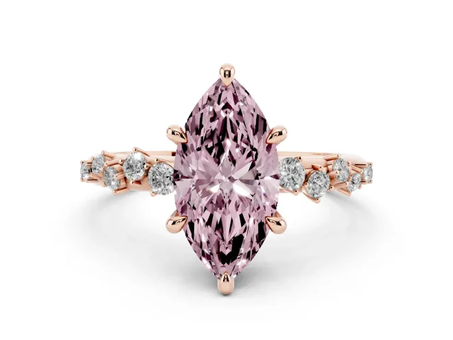 Fancy Pink Marquise Cut Diamond Solitaire Vine Band Ring Set in Rose gold with Round Accents and Prong Setting