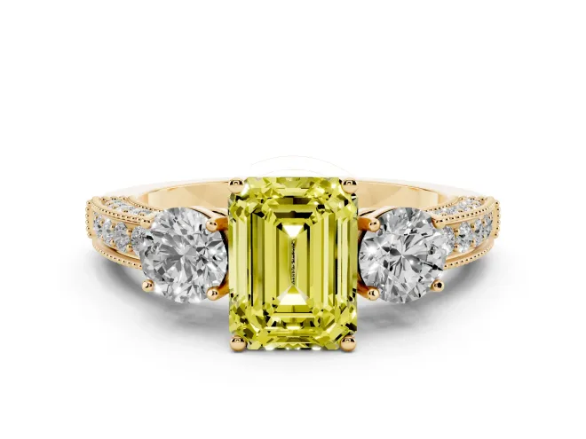 Fancy Yellow Emerald Cut Diamond Three-Stone Ring Set in Yellow gold with Round Side Stones and Pavé Band