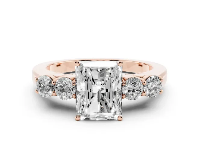 Radiant Cut Diamond Five-Stone Prong Set Band Ring Set in Rose gold with Polished Band