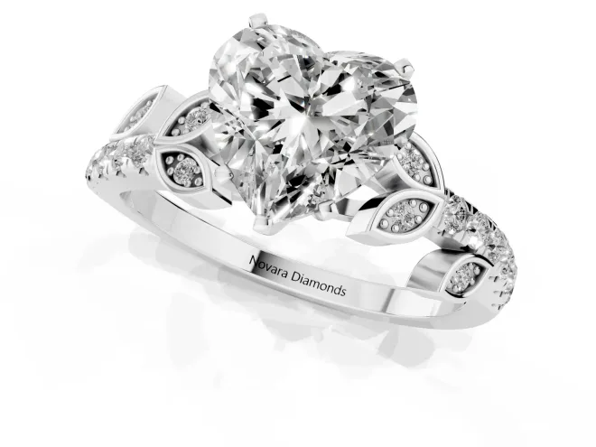 Heart Cut Diamond Solitaire Leaf-Inspired Ring Set in White gold with Pavé Band and Prong Setting – second view