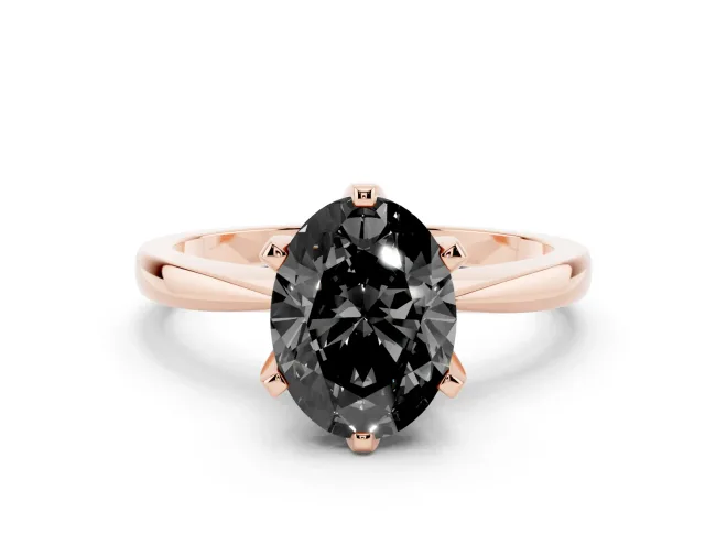 Fancy Black Oval Cut Diamond Solitaire Engagement Ring Set in Rose gold with Slim Tapered Solitaire Band