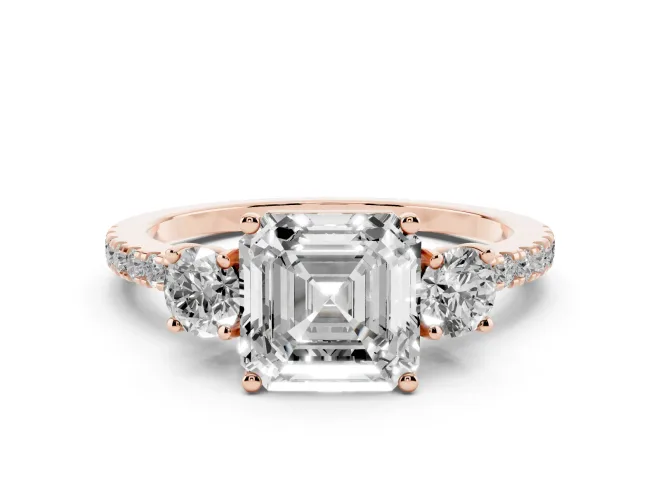 Asscher Cut Three Stone Engagement Ring Setting | Pavé Shoulders | Rose Gold