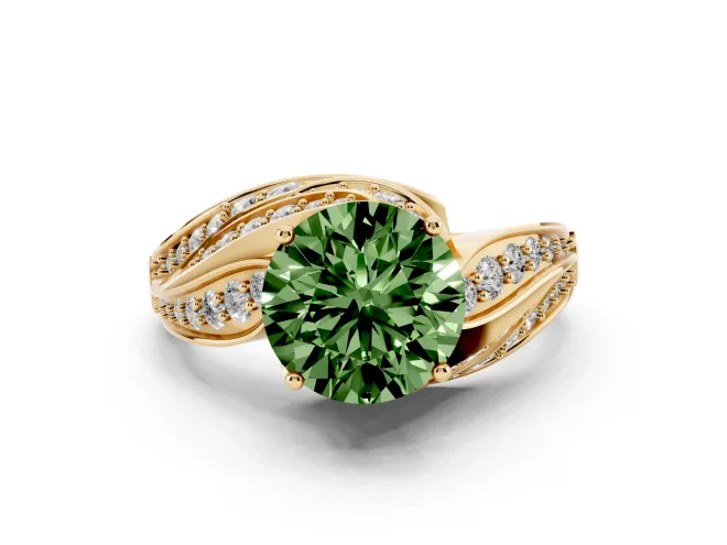 Round Bypass Hidden Halo Engagement Ring Setting for a Fancy Green Lab-Grown Diamond | Graduated Pavé | Yellow Gold
