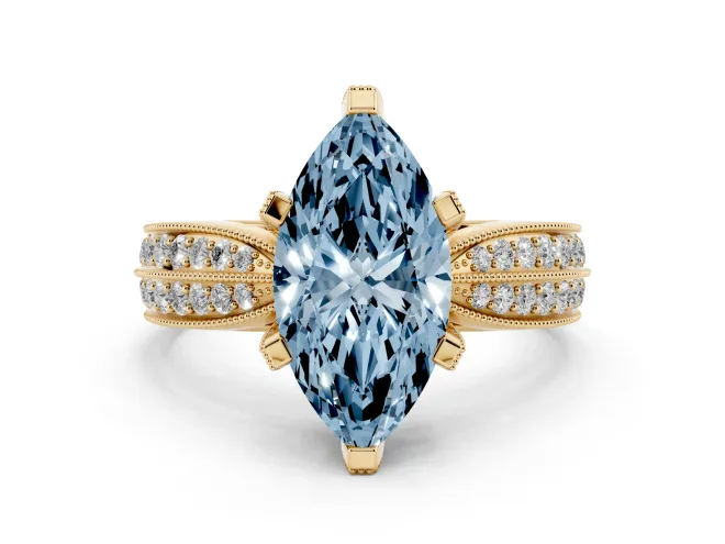Fancy Blue Marquise Cut Diamond Solitaire Ring Set in Yellow gold with Milgrain Double Row Round Pavé Band
