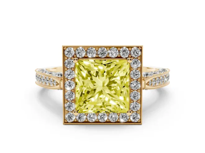 Fancy Yellow Princess Cut Diamond Halo Engagement Ring Set in Yellow gold with Accent Split Shank Band