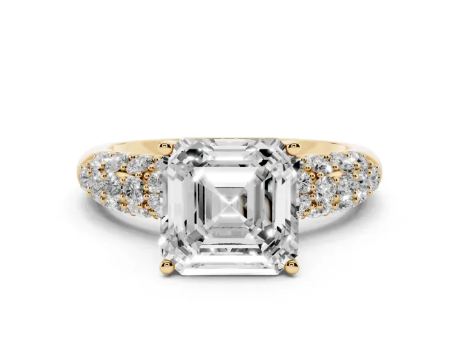 Asscher Cut Multi Row Pavé Solitaire Engagement Ring Setting | Domed Shoulders | Yellow Gold
