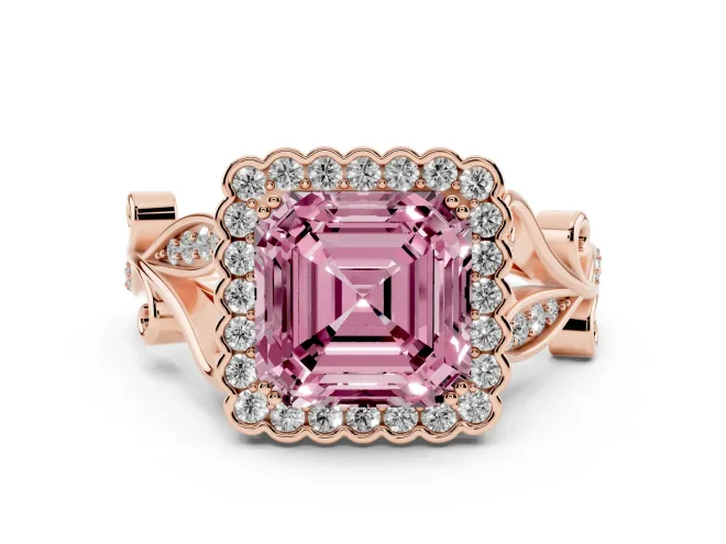 Asscher Cut Leaf Halo Engagement Ring Setting for a Fancy Pink Lab-Grown Diamond | Rose Gold