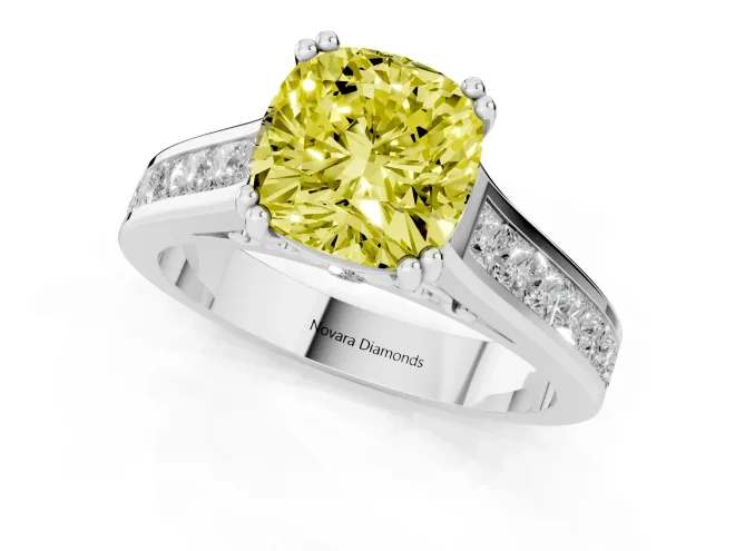 Fancy Yellow Cushion Cut Diamond Channel Set Solitaire Engagement Ring Set in White gold with Prong Setting – second view