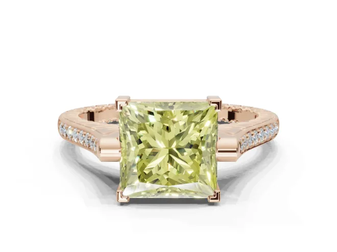 Princess Cut Vintage Cathedral Engagement Ring Setting for a Fancy Yellow Lab-Grown Diamond | Carved Band | Rose Gold