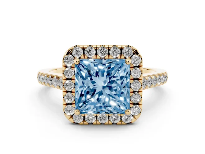Fancy Blue Princess Cut Diamond Halo Pavé Engagement Ring Set in Yellow gold with Prong Setting