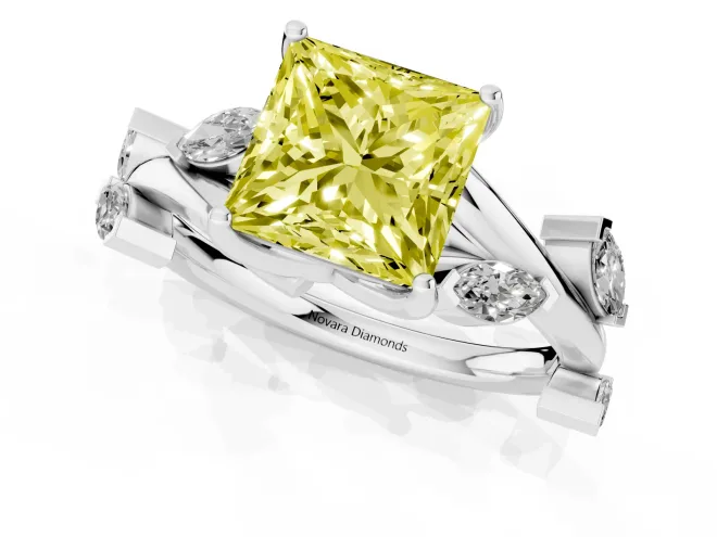 Fancy Yellow Princess Cut Diamond Solitaire Ring Set in White gold with Twisted Marquise Accent Band – second view