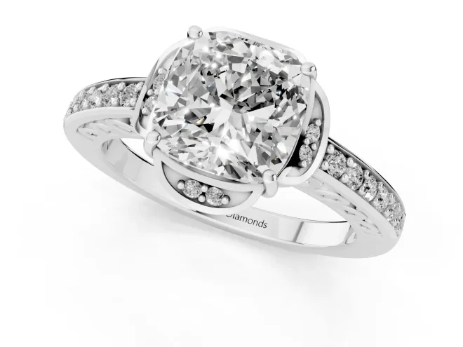 Cushion Cut Diamond Halo Ring Set in White gold with Channel Set Band and Prong Setting – second view