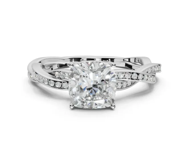 Cushion Cut Twisted Pavé Solitaire Engagement Ring Setting | Open Basket | White Gold