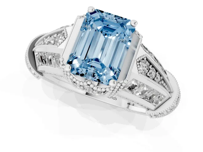 Fancy Blue Emerald Cut Diamond Vintage-Inspired Milgrain Ring Set in White gold with Accent Split Shank – second view