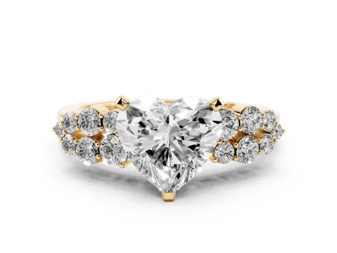 Heart-Shaped Side Stone Engagement Ring Setting | Two-Row Shoulder Clusters | Yellow Gold