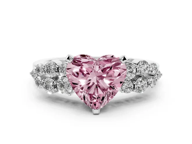 Heart-Shaped Side Stone Engagement Ring Setting for a Fancy Pink Lab-Grown Diamond | Shoulder Clusters | White Gold