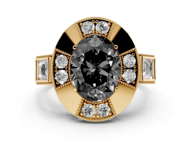 Fancy Black Oval Cut Diamond Milgrain Halo Ring Set in Yellow gold with Split Shank