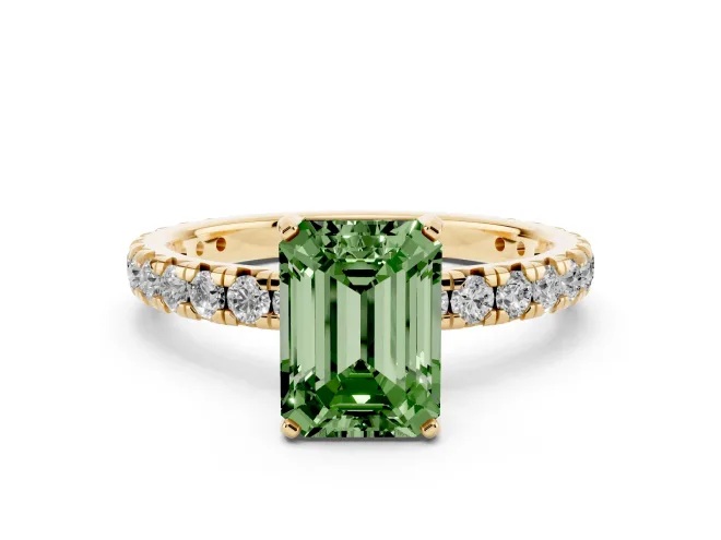 Fancy Green Emerald Cut Diamond Pavé Solitaire Ring Set in Yellow gold with Round Band and Prong Setting