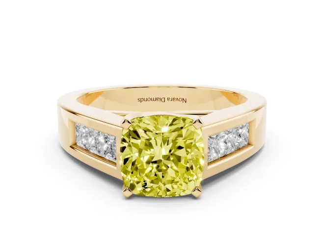 Fancy Yellow Cushion Cut Diamond Solitaire Ring Set in Yellow gold with Channel-Set Accent Stones and Prong Setting