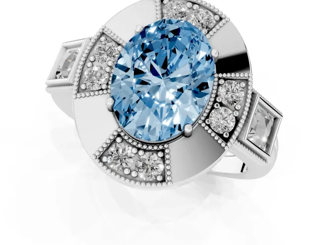 Fancy Blue Oval Cut Diamond Milgrain Halo Ring Set in White gold with Split Shank – second view