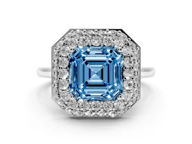 Asscher Cut Pavé Halo Engagement Ring Setting for a Fancy Blue Lab-Grown Diamond | Slim Plain Band | White Gold