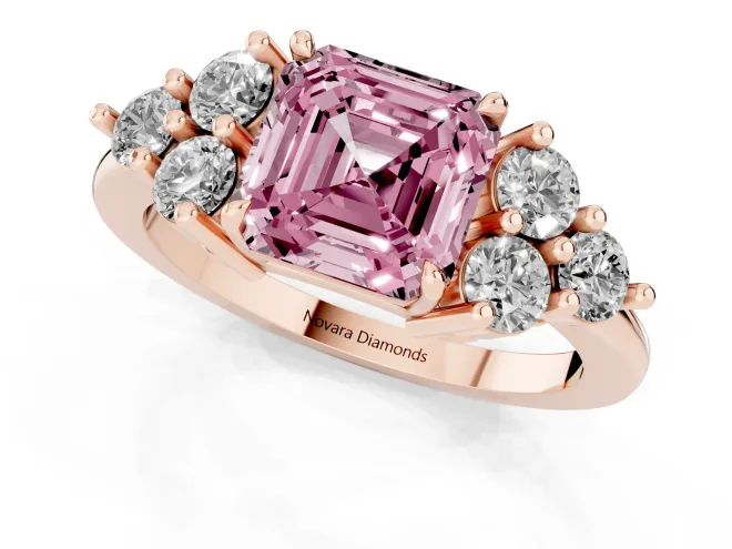 Fancy Pink Asscher Cut Diamond Solitaire Ring Set in Rose gold with Cluster Accents on Each Side – second view