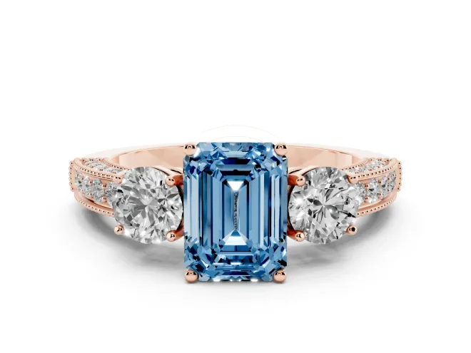 Emerald Cut Three Stone Engagement Ring Setting for a Fancy Blue Lab-Grown Diamond | Graduated Pavé Band | Rose Gold