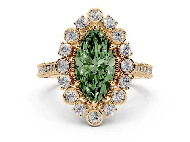 Marquise Scalloped Halo Engagement Ring Setting for a Fancy Green Lab-Grown Diamond | Milgrain Edges | Yellow Gold
