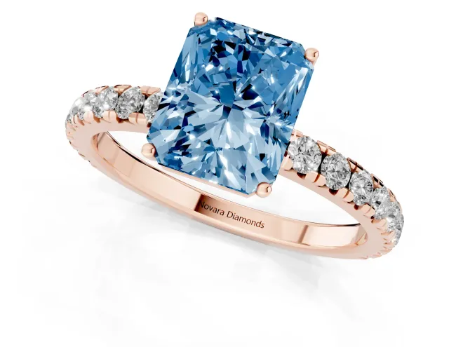 Fancy Blue Radiant Cut Diamond Pavé Solitaire Engagement Ring Set in Rose gold with Prong Setting – second view
