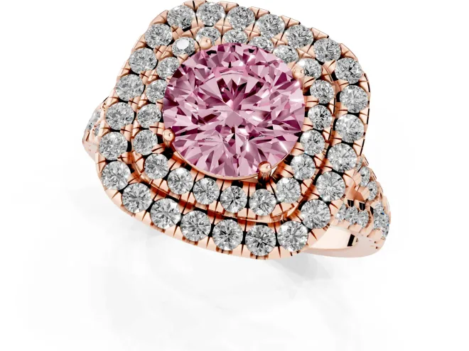Fancy Pink Round Cut Diamond Double Halo Ring Set in Rose gold with Pavé Split Shank and Prong Setting – second view