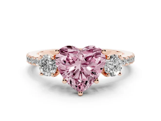 Heart-Shaped Three Stone Engagement Ring Setting for a Fancy Pink Lab-Grown Diamond | Pavé Shoulders | Rose Gold