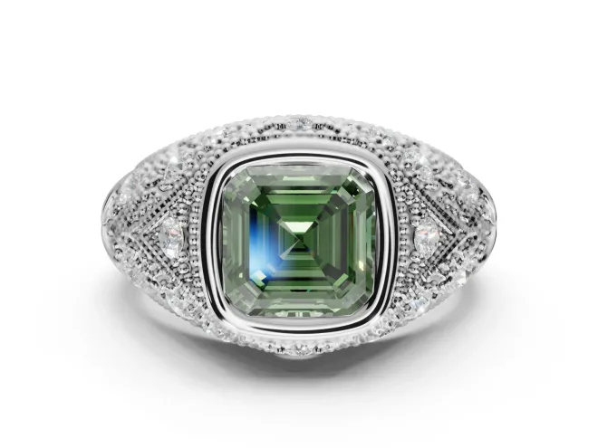 Asscher Cut Vintage Bezel Engagement Ring Setting for a Fancy Green Lab-Grown Diamond | Milgrain Band | Sterling Silver