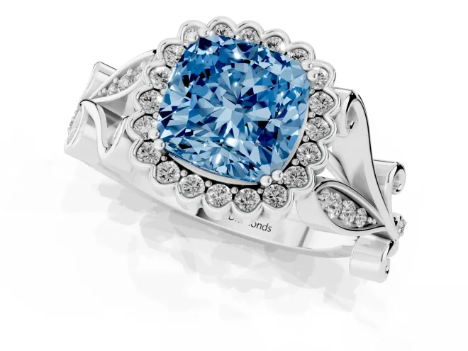 Fancy Blue Cushion Cut Diamond Halo Ring Set in White gold with Leaf Motif Split Shank and Prong Setting – second view