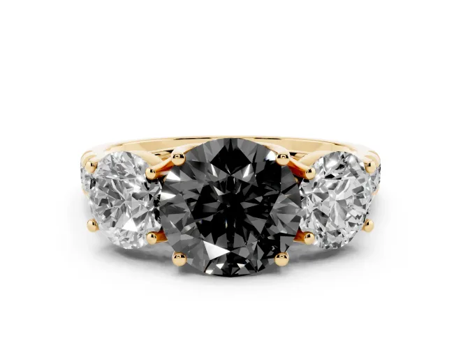 Fancy Black Round Cut Diamond Three-Stone Ring Set in Yellow gold with Pavé Band