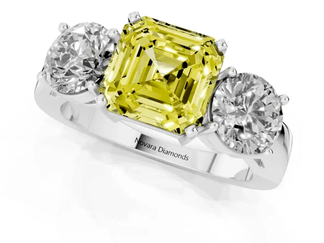 Fancy Yellow Asscher Cut Diamond Three-Stone Ring Set in Silver with Round Side Stones and Classic Band – second view