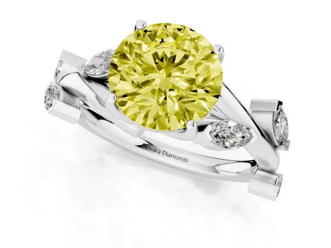 Fancy Yellow Round Cut Diamond Solitaire Ring Set in White gold with Twisted Marquise Accent Band – second view