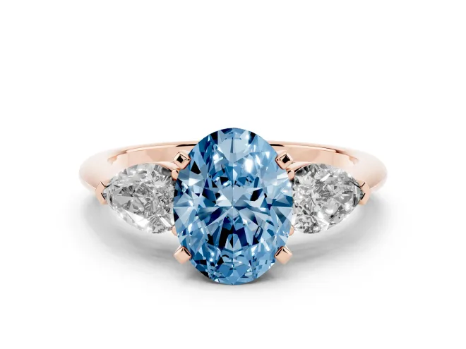 Oval Three-Stone Ring Setting for a Fancy Blue Lab-Grown Diamond | Pear Side Stones | Rose Gold