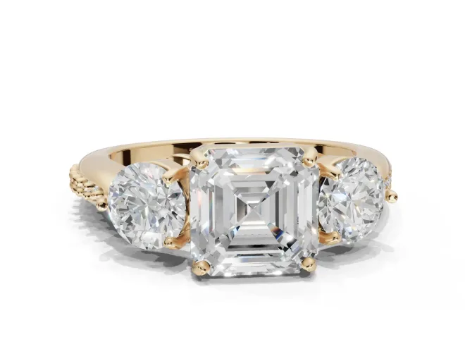 Asscher Cut Three Stone Engagement Ring Setting | Tapered Pavé Band | Yellow Gold