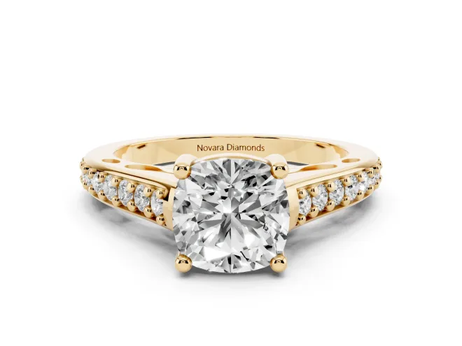 Cushion Cut Graduated Pavé Cathedral Engagement Ring Setting | Scroll Cut-Outs | Yellow Gold