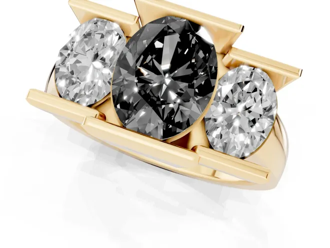Fancy Black Oval Cut Diamond Three-Stone Channel Set Ring Set in Yellow gold with Smooth Polished Band – second view