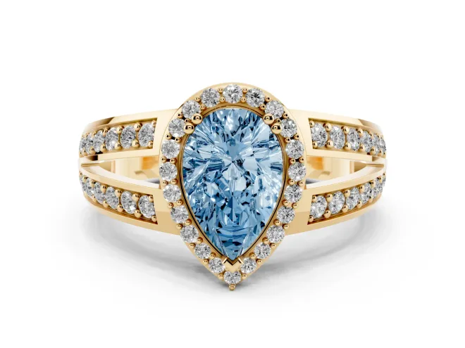 Fancy Blue Pear Cut Diamond Halo Ring Set in Yellow gold with Double Pavé Split Shank