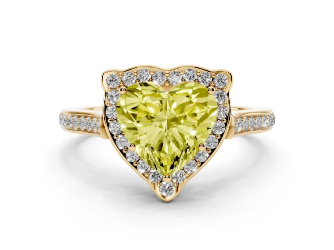 Heart-Shaped Petal Tip Halo Engagement Ring Setting for a Fancy Yellow Lab-Grown Diamond | Pavé Band | Yellow Gold