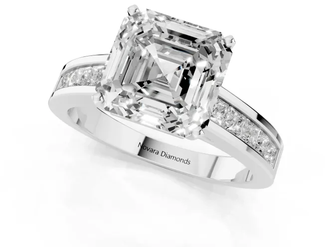 Asscher Cut Diamond Solitaire Ring Set in Silver with Channel-Set Band and Prong Setting – second view