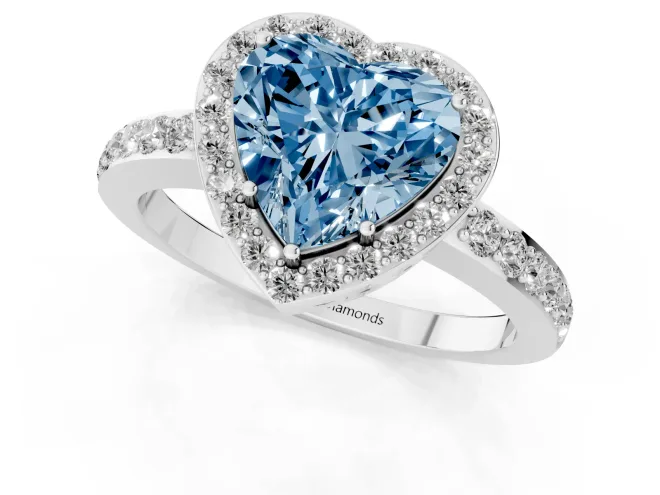 Fancy Blue Heart Cut Diamond Halo Ring Set in Platinum with Pavé-Setting Band and Open Prong Center – second view