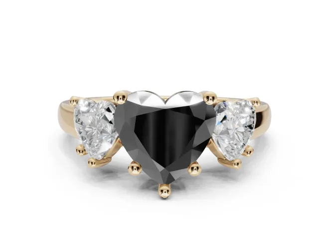 Heart-Shaped Three Stone Engagement Ring Setting for a Black Center | Tapered Band | Yellow Gold
