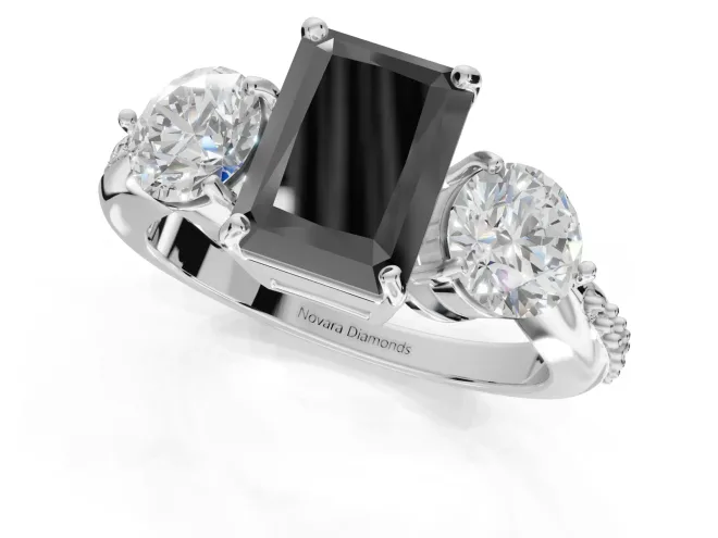 Fancy Black Radiant Cut Lab-Grown Diamond Three-Stone Ring Set in Sterling Silver with Channel-Set Band and Prong Setting – second view