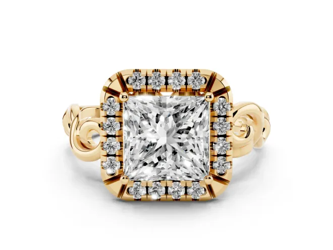 Princess Cut Vintage Filigree Halo Engagement Ring Setting | Scroll Shoulders | Yellow Gold